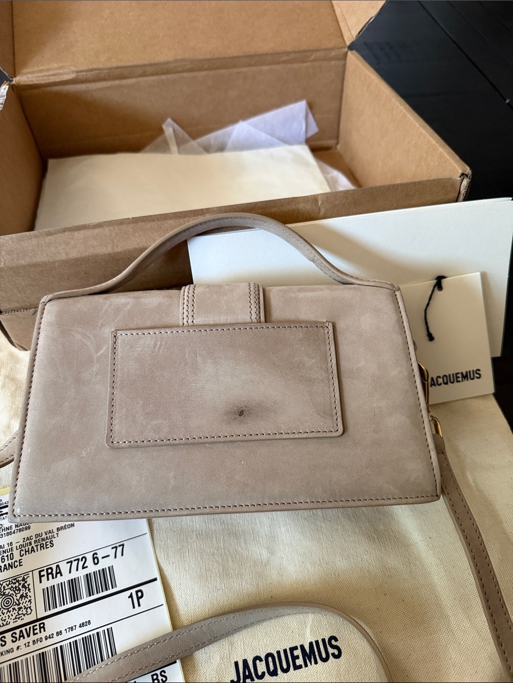 Jacquemus taupe Le Bambino Long beige suede shoulder bag with gold hardware - Picture 2 of 13